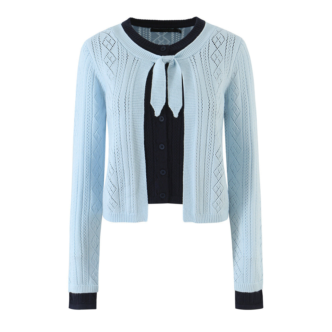 Women Fine Knit Two-Piece Cardigan with Bow Collar and Decorative Waistcoat Amarae