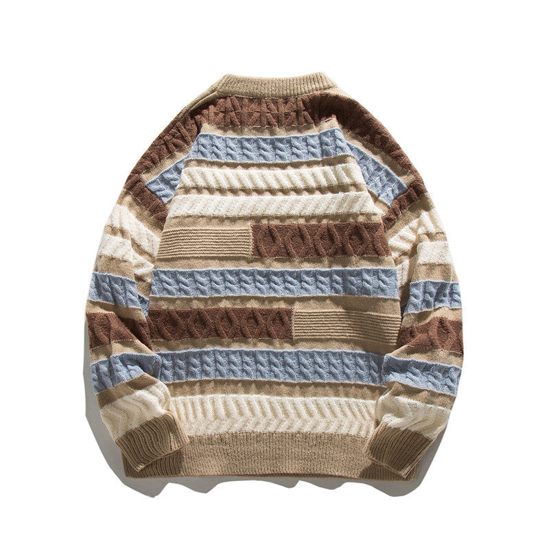 Unisex Oversize Knit Sweater with Patchwork Cable Pattern and Round Neck Amarae