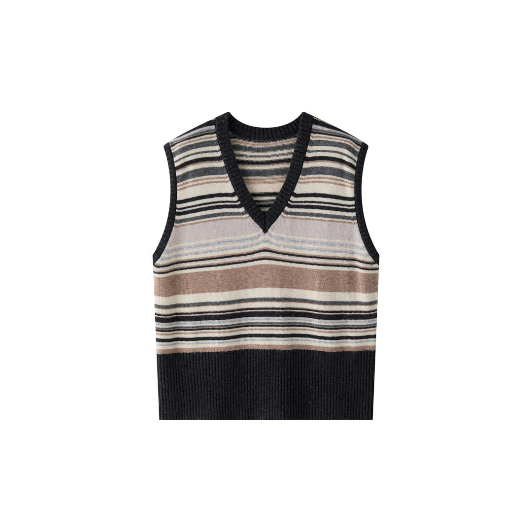 Women Striped Knit Vest with V-Neck and Ribbed Hem Amarae