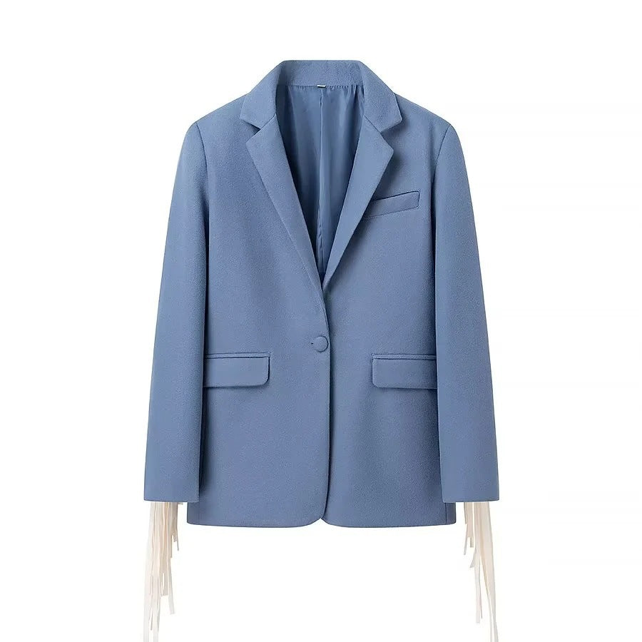 Women's Oversize Suede Look Blazer with Extra Long Fringe Trim and Contrast Stitch Amarae
