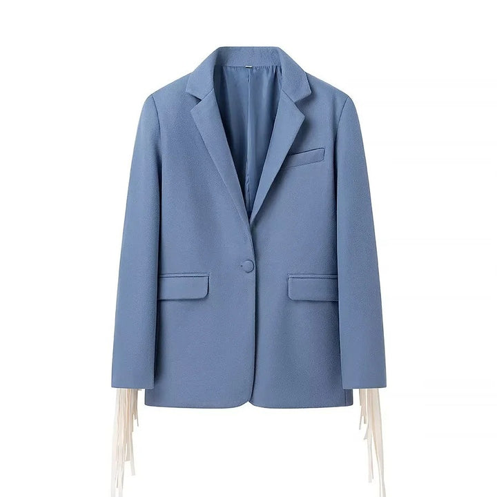 Women's Oversize Suede Look Blazer with Extra Long Fringe Trim and Contrast Stitch Amarae