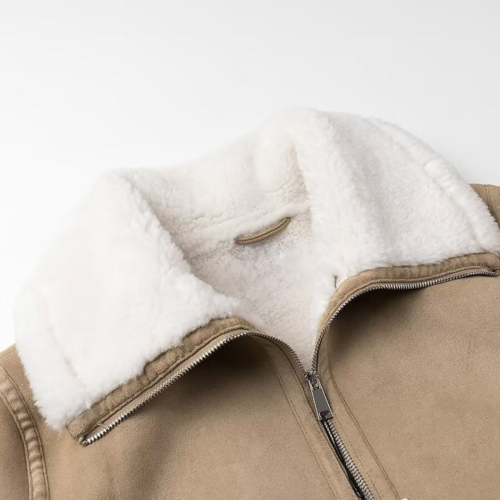 Women's short-cut bomber jacket with faux fur collar and velour look Amarae