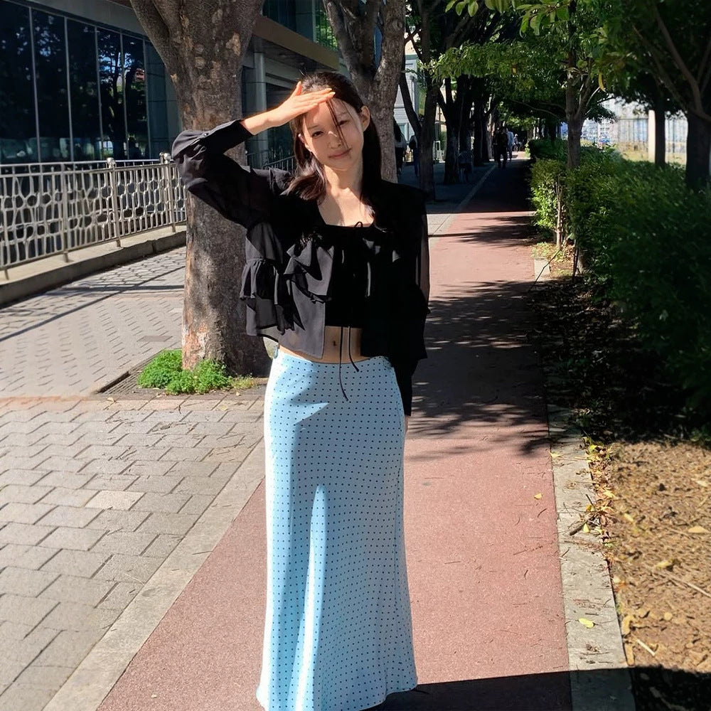 Women's satin midi skirt with polka dot print, tailored fit & flowing bias silhouette Amarae