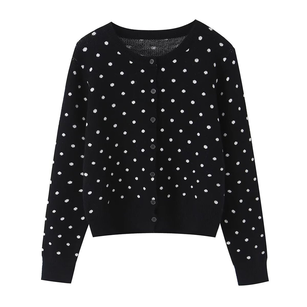 Women's Short Fine Knit Cardigan with Round Neck, Allover Polka Dot Pattern and Button Placket