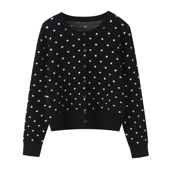 Women's Short Fine Knit Cardigan with Round Neck, Allover Polka Dot Pattern and Button Placket