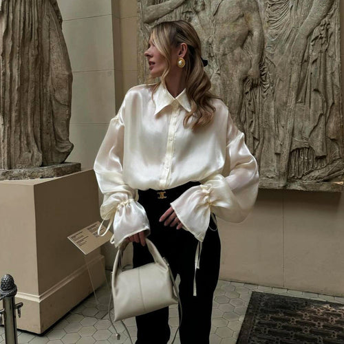 Elegant satin blouse for women, with voluminous sleeves and tying details Amarae
