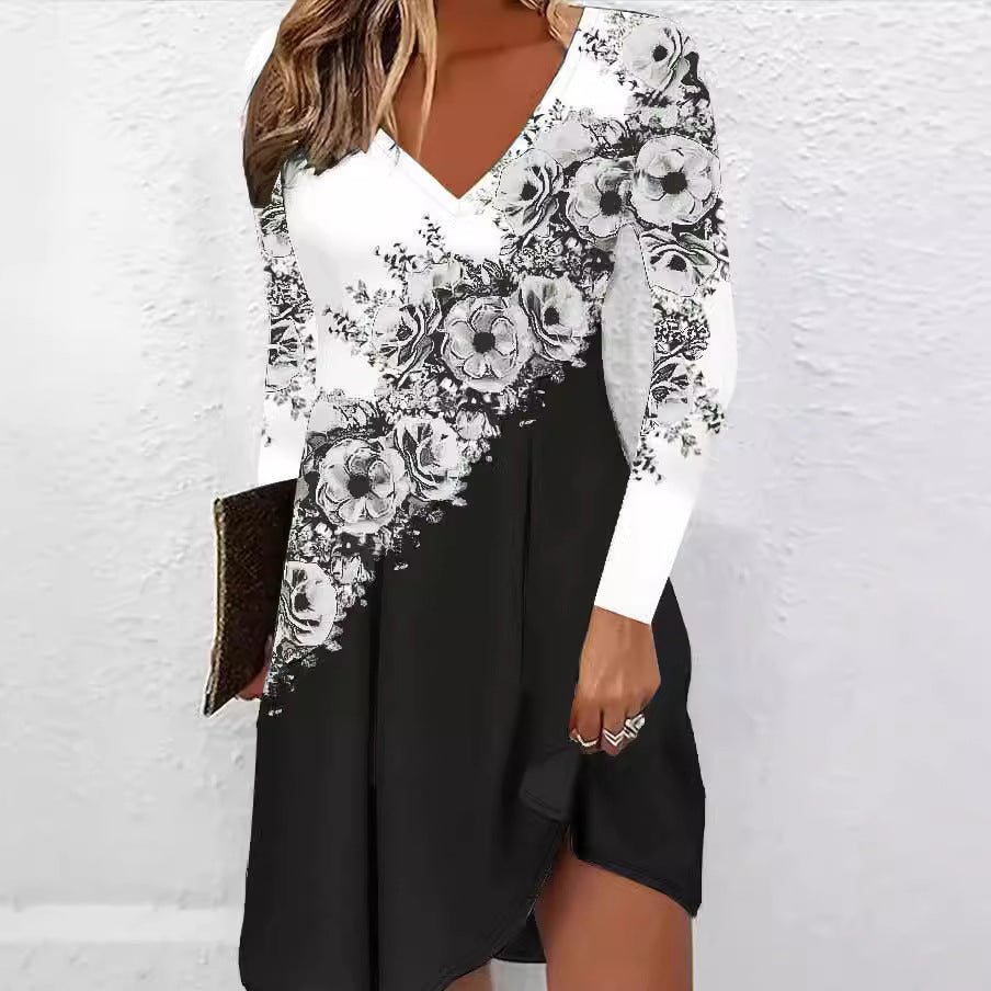 V neck dress for women with floral accents and an asymmetrical cut Lune London