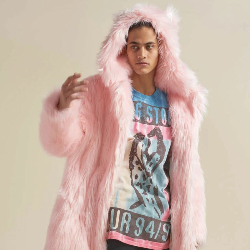 Women's Longer Hooded Faux Fur Coat with Animal Ears and Fluffy High Pile Amarae