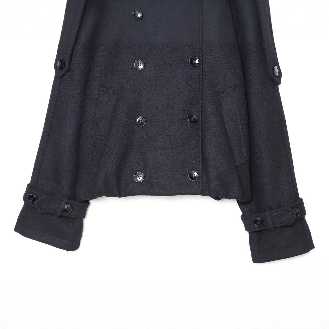 Women's Short Double-Breasted Cape Coat with High Stand Collar and Epaulettes Amarae