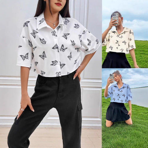 Short sleeve button-up shirt butterfly print Amarae