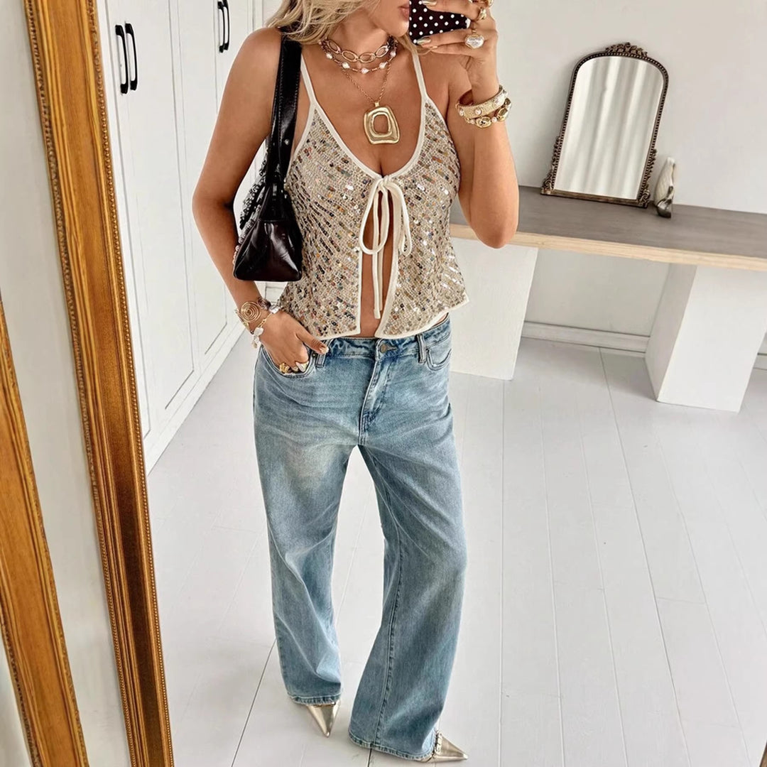 Women Glittering Top with V-Neck and Tie Ribbon Lune London