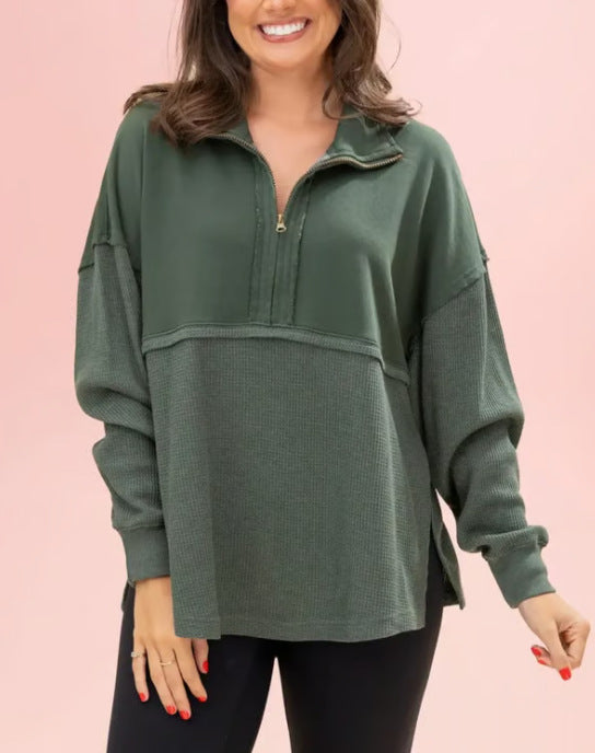 Women's knitted sweater with pattern, half-zip, and wide sleeves Lune London