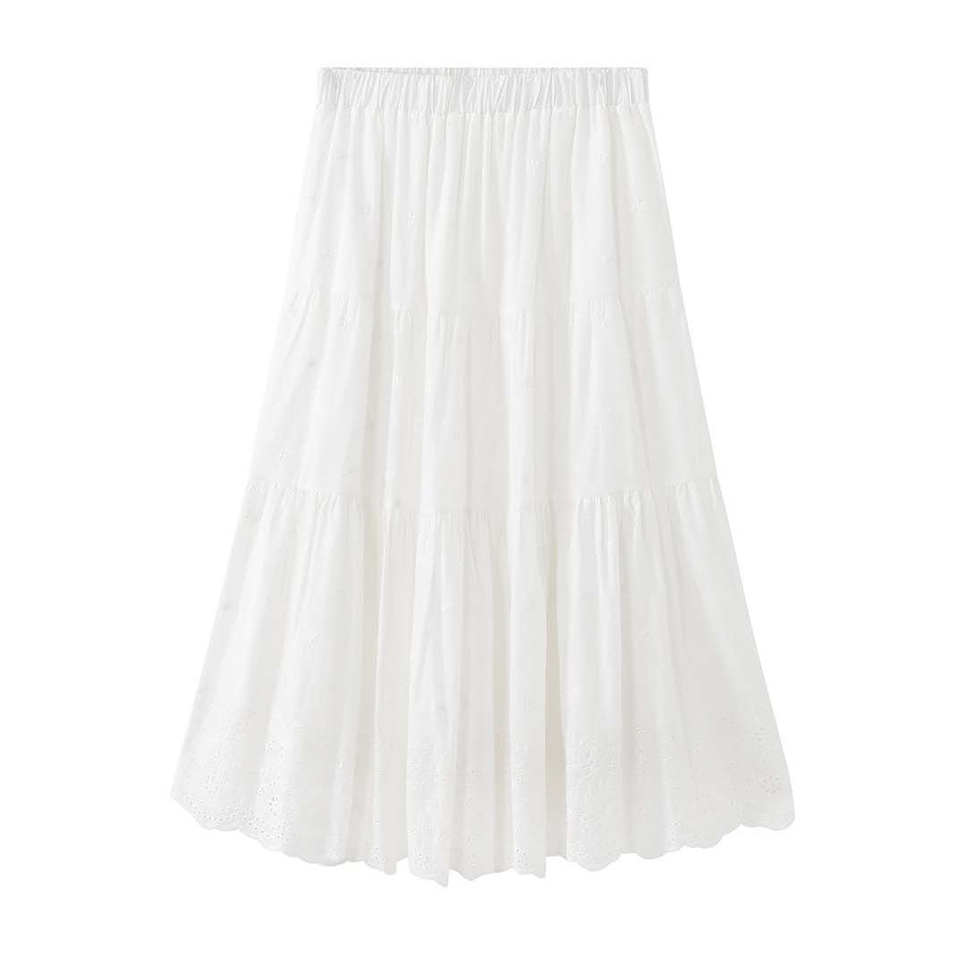 Ladies Long Tiered Ruffle Skirt made of Cotton Embroidery with Lace Edge Amarae