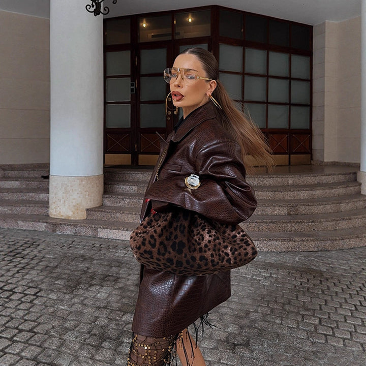 Ladies Oversized Blazer Coat in Crocodile Embossing with Shawl Collar and Tie Belt Amarae