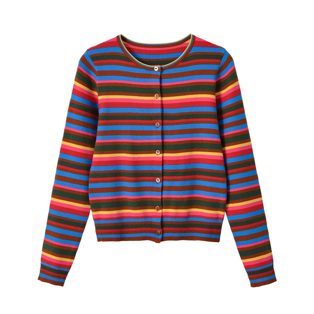 Women's finely knitted round neck cardigan with colorful stripes and mother-of-pearl buttons Amarae