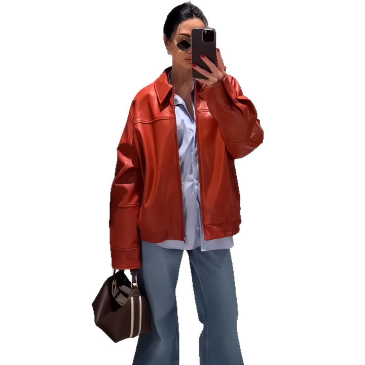 Oversized synthetic leather jacket for women with casual fit Lune London