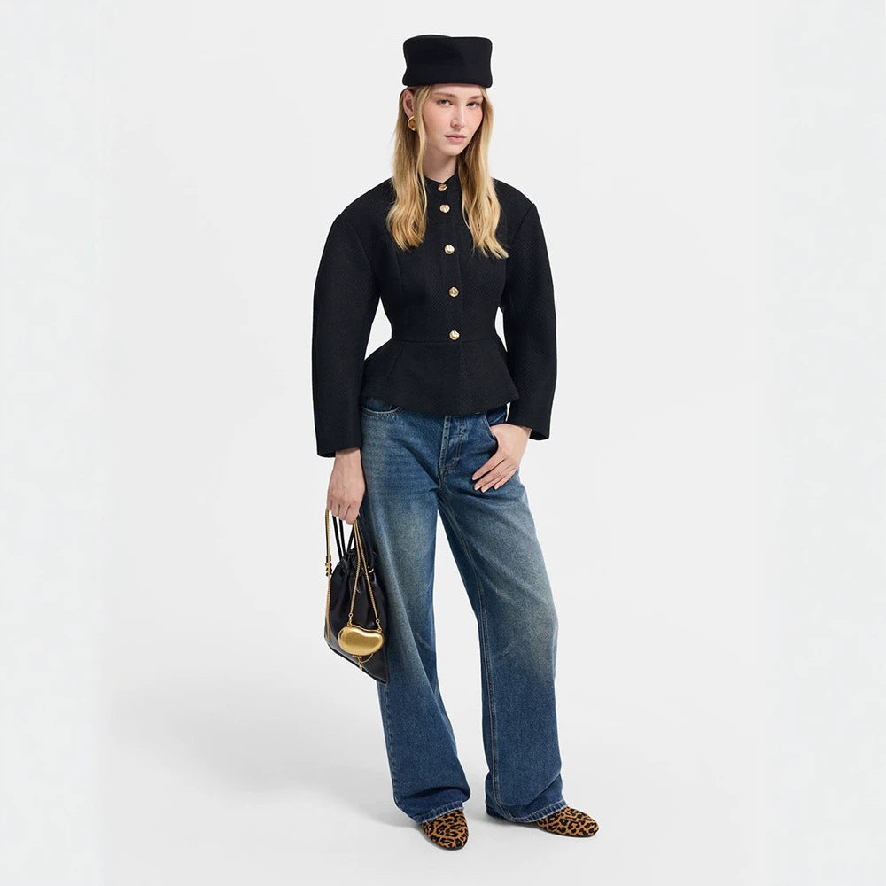 Women's tailored jacket with peplum hem, structured woven quality and decorative buttons Amarae