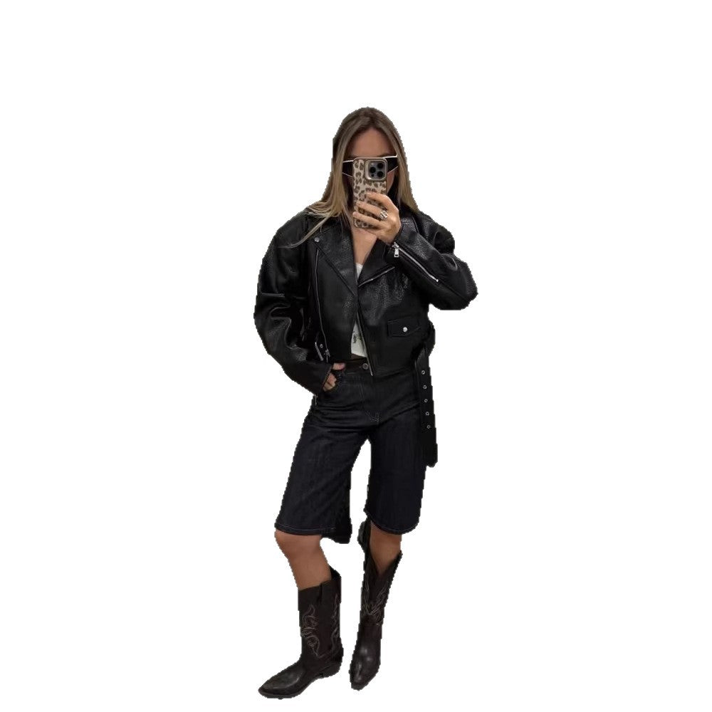 Women Short Structured Biker Jacket Made of Faux Leather Amarae