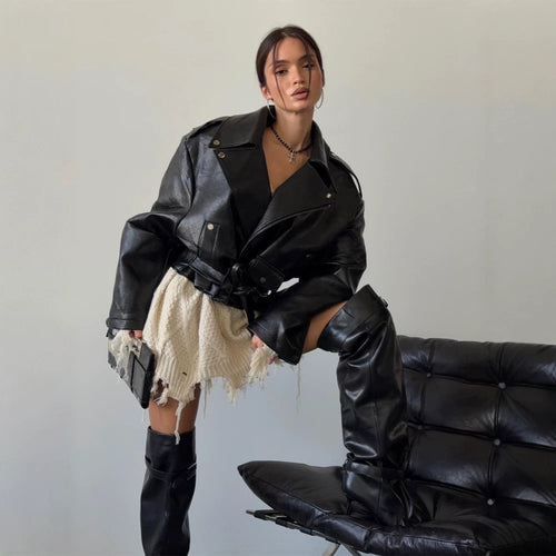 Women's Oversized Biker Jacket made of vegan leather imitation with waist belt & epaulettes Amarae