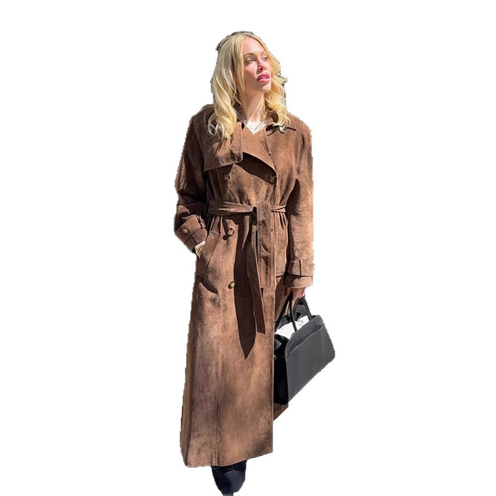 Women Maxi Long Suede Trench Coat with Tied Belt Amarae