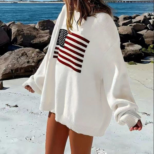 Casual plush sweater for ladies with a large American flag pattern Amarae