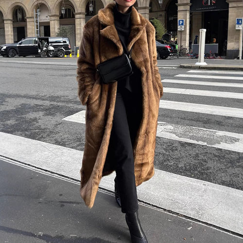 Ladies Long Faux Fur Coat with Wide Lapels and Chic Casual Cut