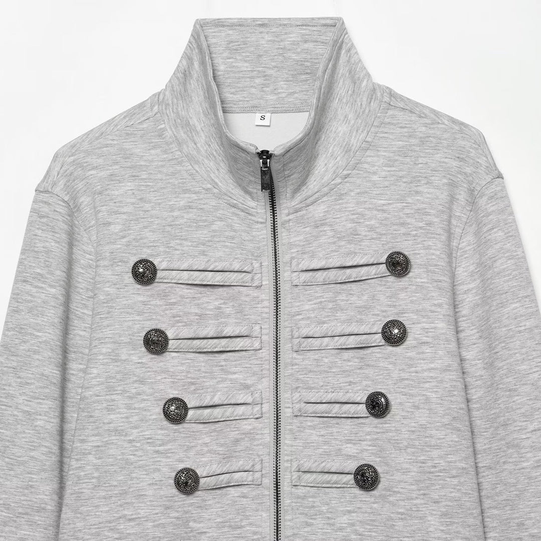 Women's Cropped Sweat Jacket with Stand-Up Collar and Military Decorative Button Rows Amarae