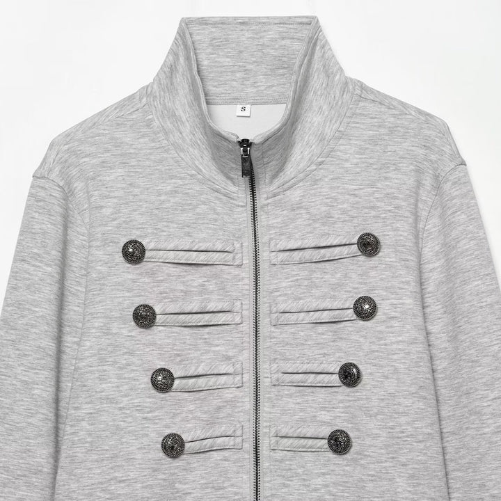 Women's Cropped Sweat Jacket with Stand-Up Collar and Military Decorative Button Rows Amarae