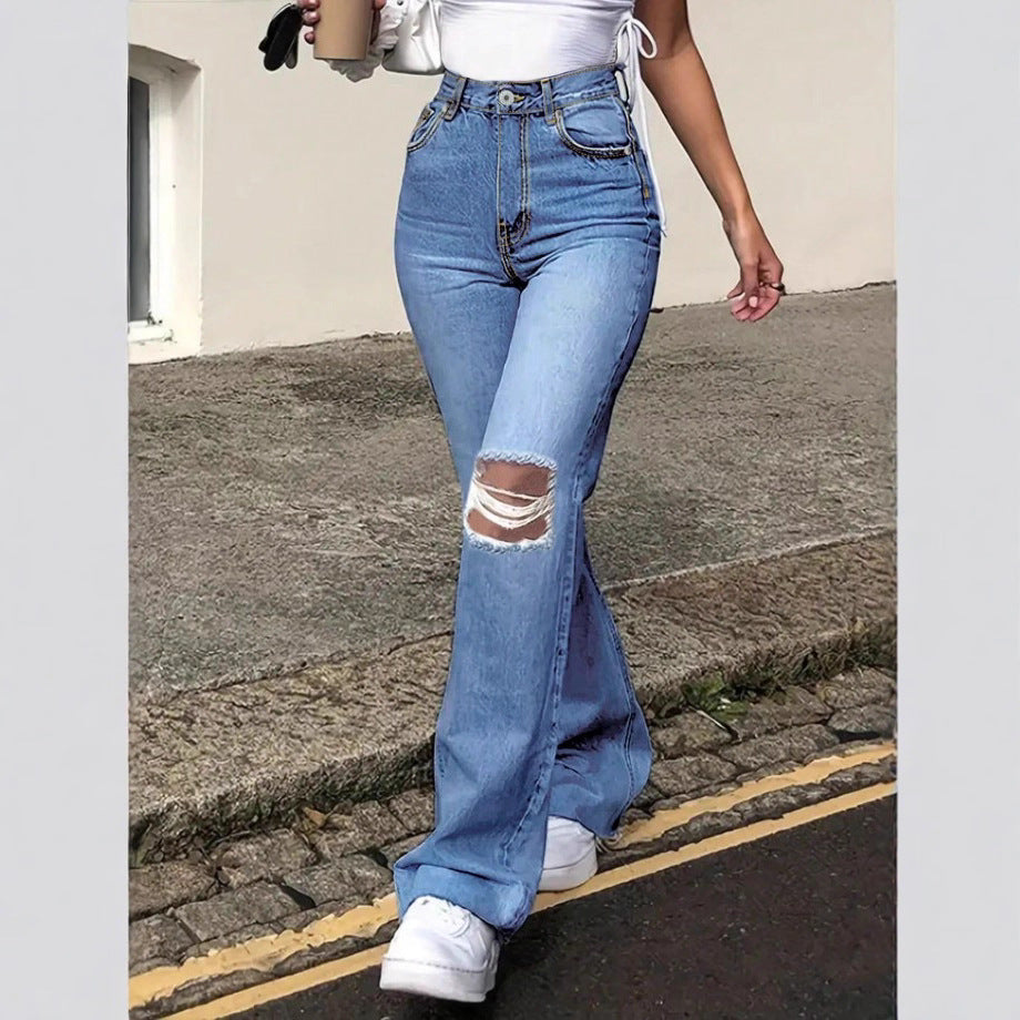 Ladies High-Waisted Flared Jeans in Retro Cut with Knee Rip and Extended Hem Amarae