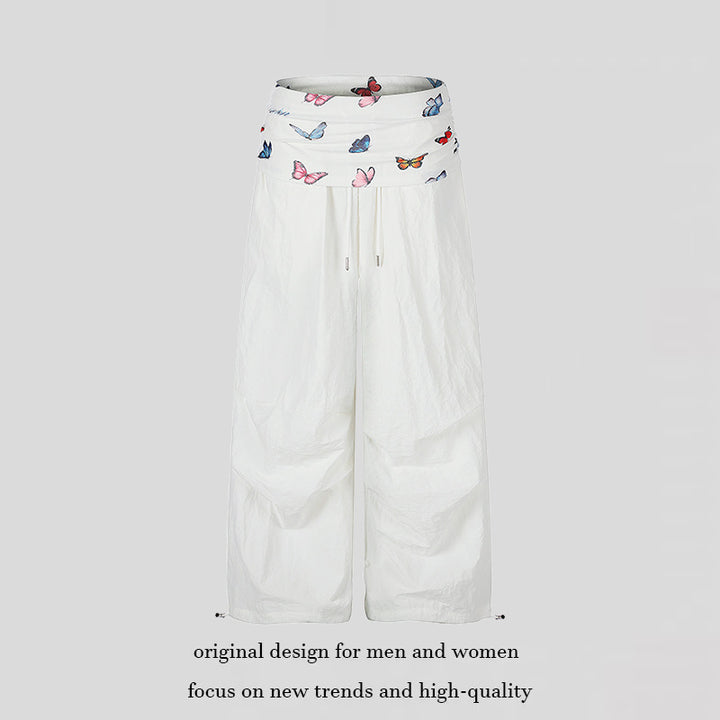 Women's Wide Palazzo Lounge Pants with Pleated Butterfly Waistband and Drawstring
