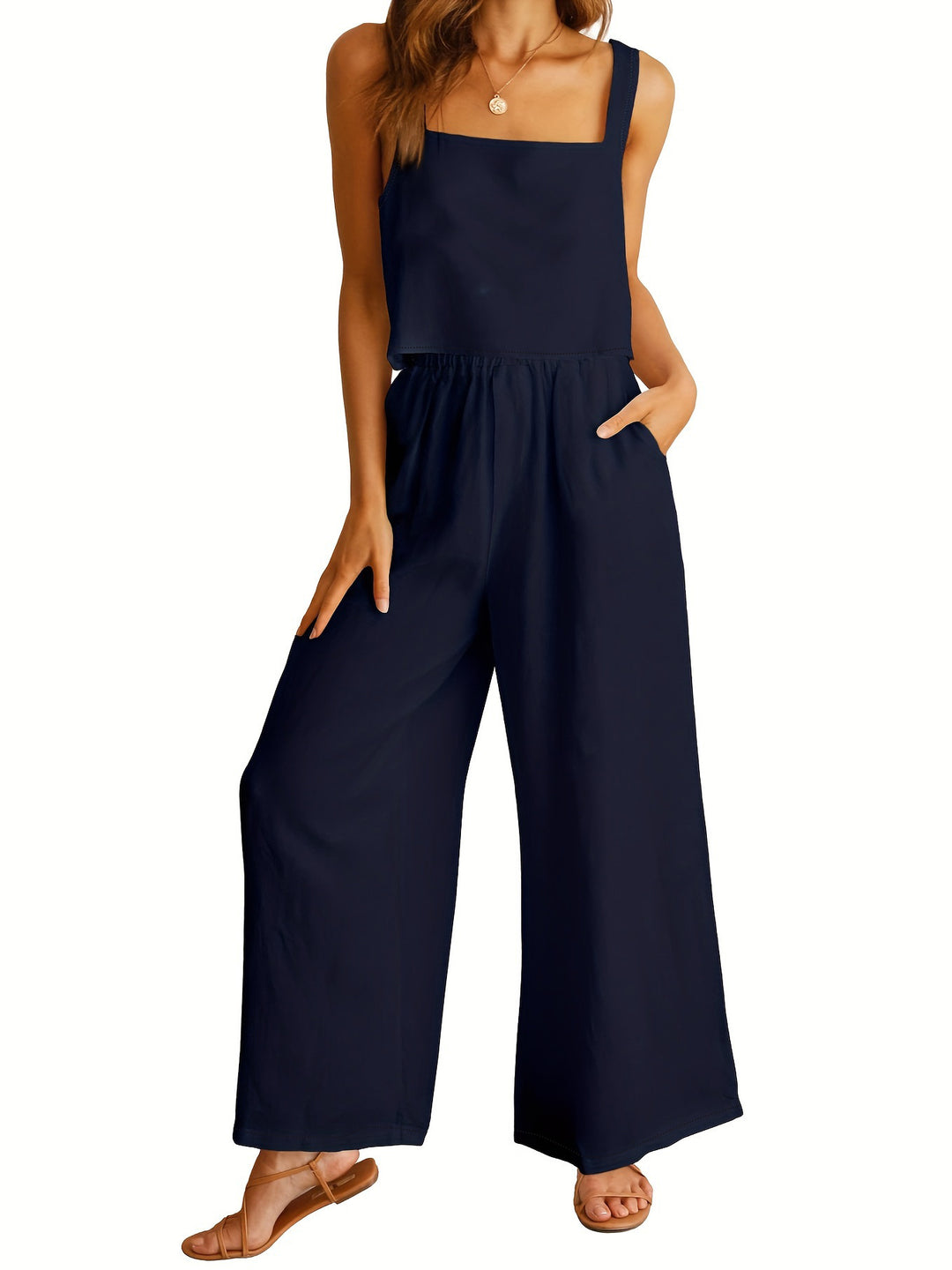 Ladies airy jumpsuit with wide legs and adjustable waist Lune London