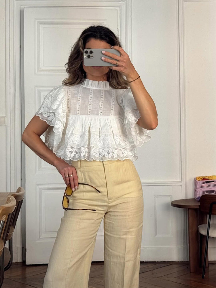 Women's lace blouse in cropped ruffle style with standing collar and layered ruffles