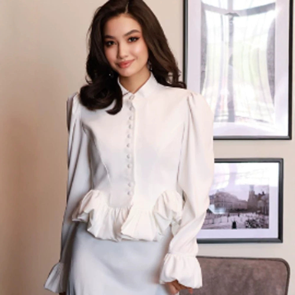 Ladies tailored peplum blouse with stand-up collar, covered button placket and puff sleeves Amarae