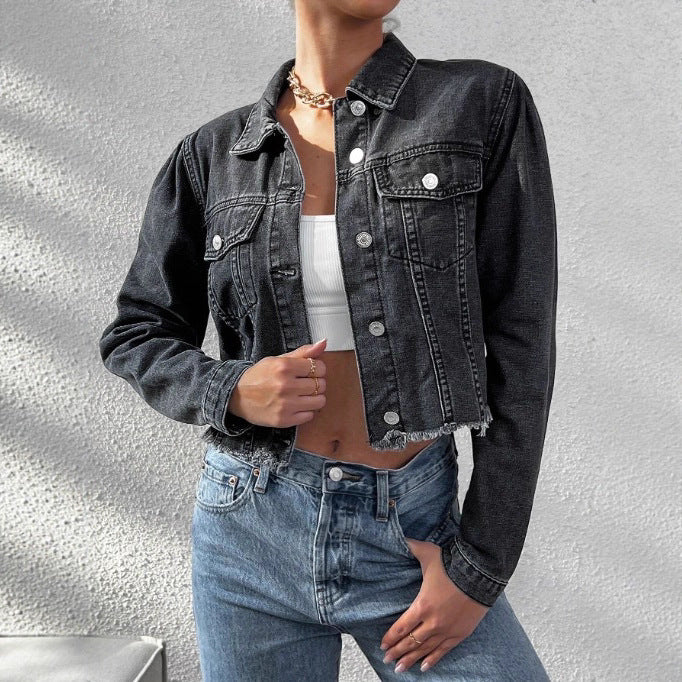 Women's cropped fitted denim jacket with raw fringe hem and flap pockets Amarae