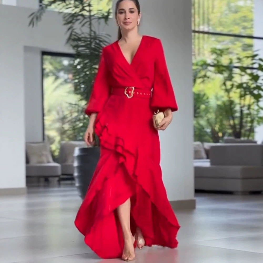 Women's Elegant Wrap Maxi Dress with Ruffles, Fitted Belt & Wide Bell Sleeves Amarae