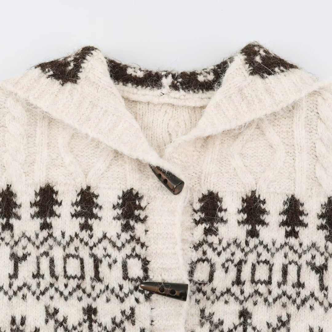 Women's Coarse Knit Hooded Cardigan with Horn Buttons and Norwegian Pattern Amarae
