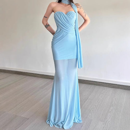 Elegant maxi dress for women with asymmetric neckline and sculpting design. Amarae