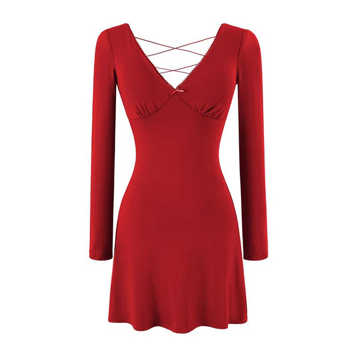 Ladies form-fitting mini dress with a deep V-neckline, gathered bust, and crossed back straps Amarae