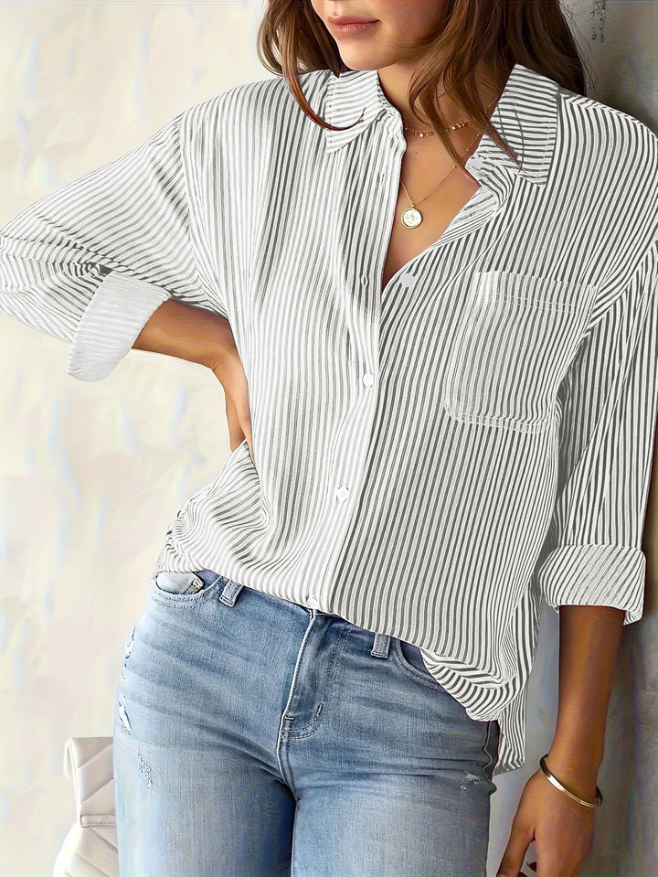 Long sleeve blouse for women with fine stripes and chest pocket Lune London