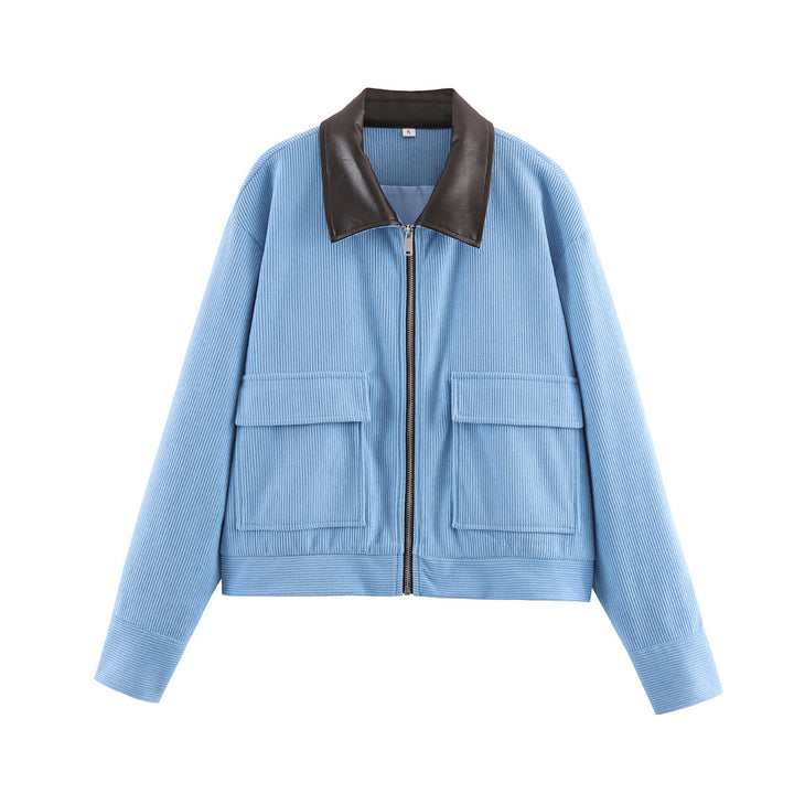 Ladies short-cut cord jacket with lapel collar made of faux leather and patch flap pockets Amarae