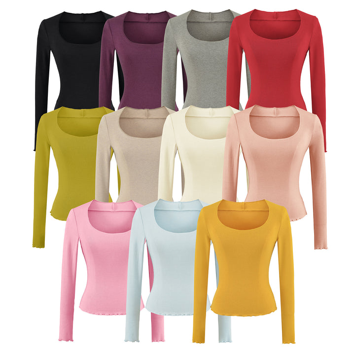 Women Fitted Long Sleeve Fine Knit Top with Square Neckline and Wave Hem Amarae