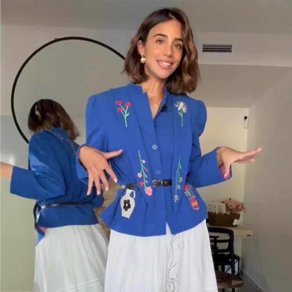 Women Embroidered Tailored Short Jacket with Peplum and Belt Amarae