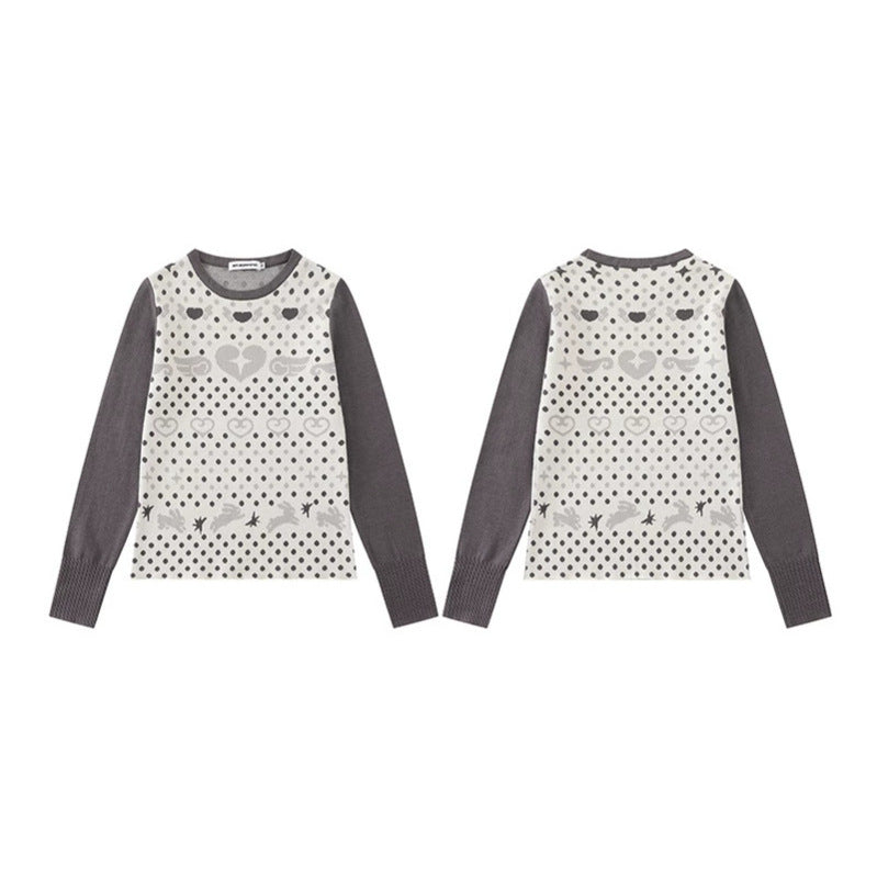 Ladies fine knit pullover with jacquard motif, round neckline and contrast sleeves Amarae