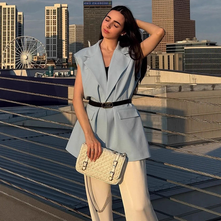 Women's Sleeveless Long Blazer Vest with Emphasized Shoulder and Waist Shape Amarae