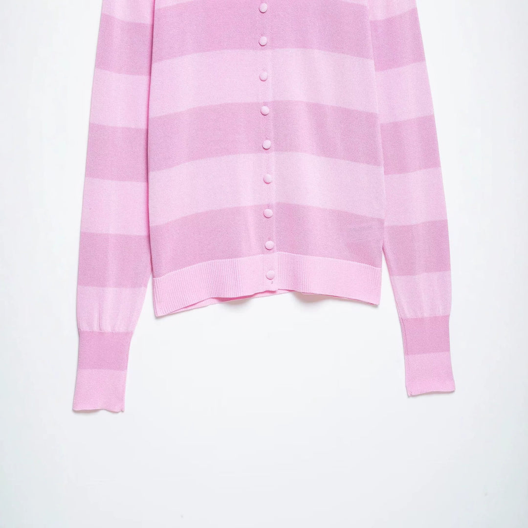 Women's Striped Cardigan with Polo Collar and Full Button Placket Amarae