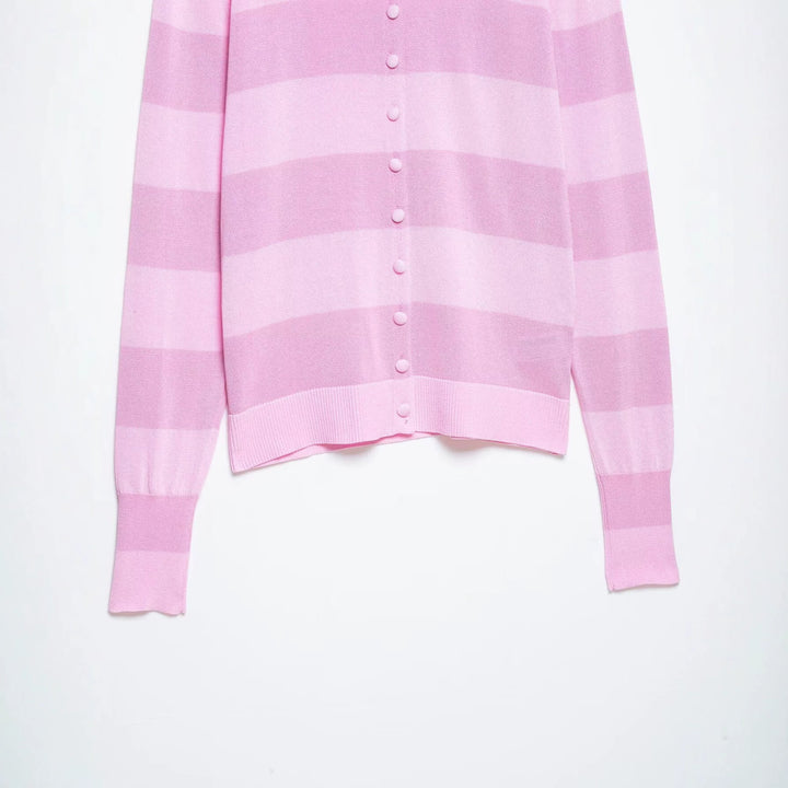 Women's Striped Cardigan with Polo Collar and Full Button Placket Amarae