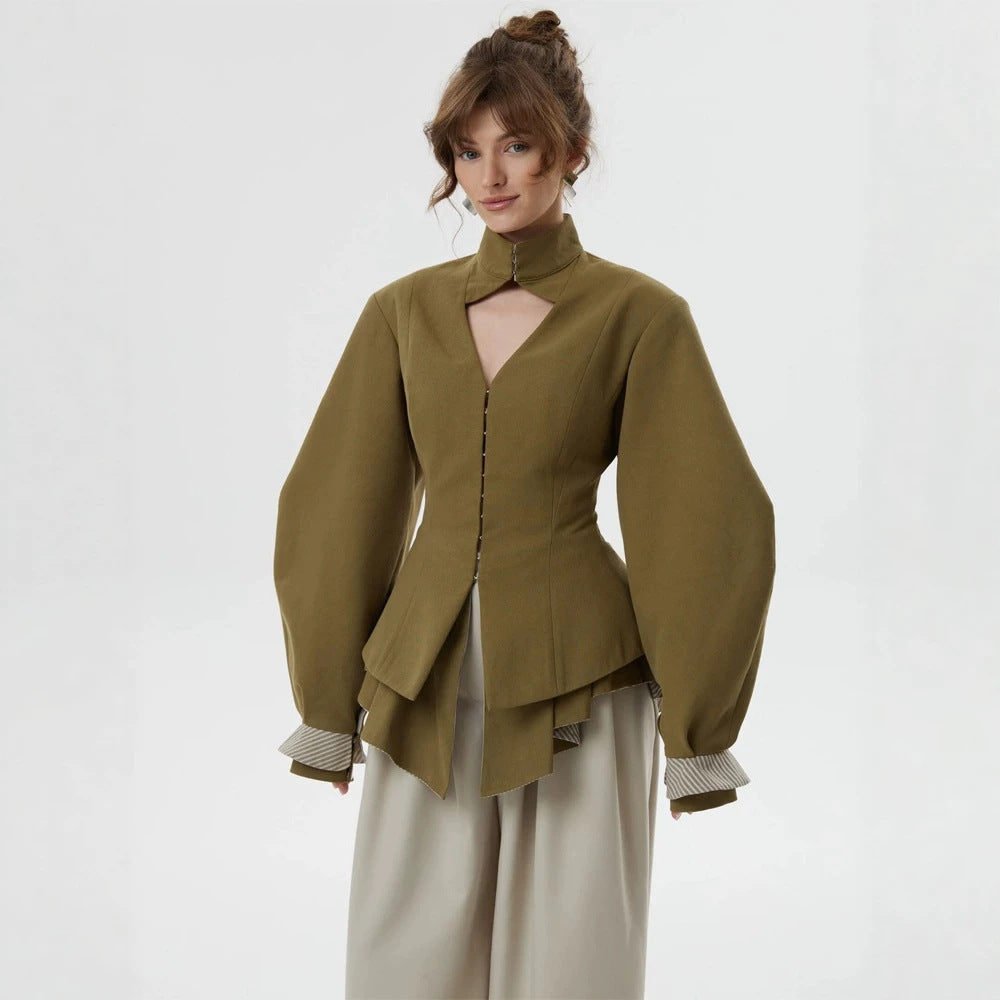 Women's tailored jacket with standing collar, cut-out and balloon sleeves Amarae