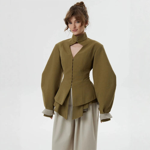 Women's tailored jacket with standing collar, cut-out and balloon sleeves Amarae