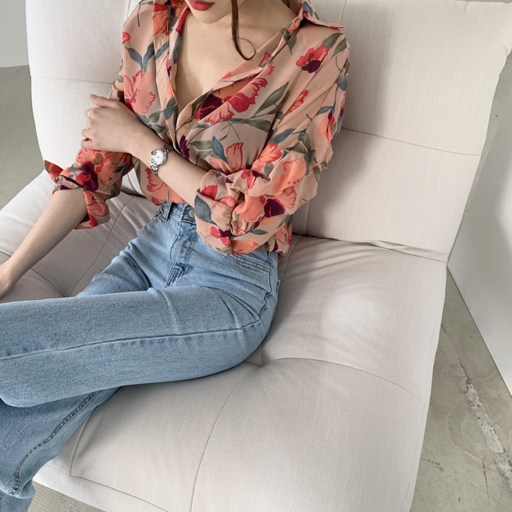 Lune London floral print button-up sheer blouse for ladies