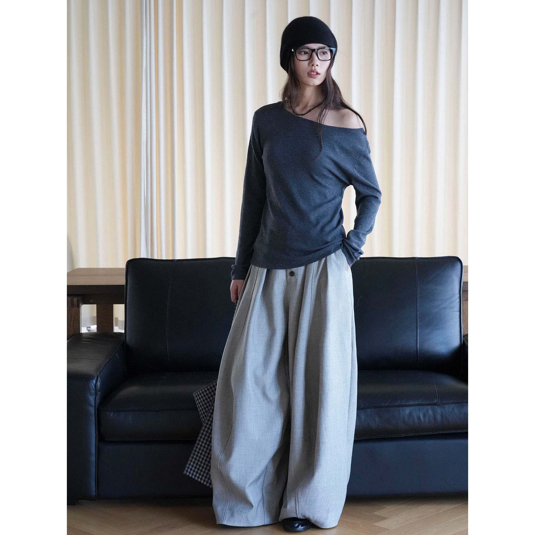Ladies Casual One-Shoulder Fine Knit Long Sleeve with Dropped Shoulder Dress